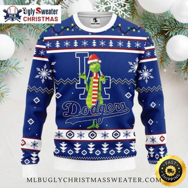 Grinch In Santa Hat Dodgers Ugly Christmas Sweater