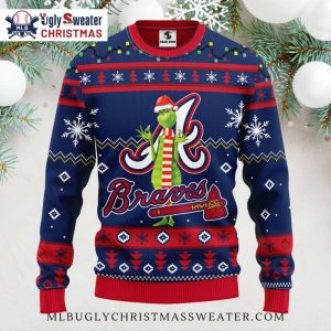 Grinch In Scarf Atlanta Braves Ugly Christmas Sweater