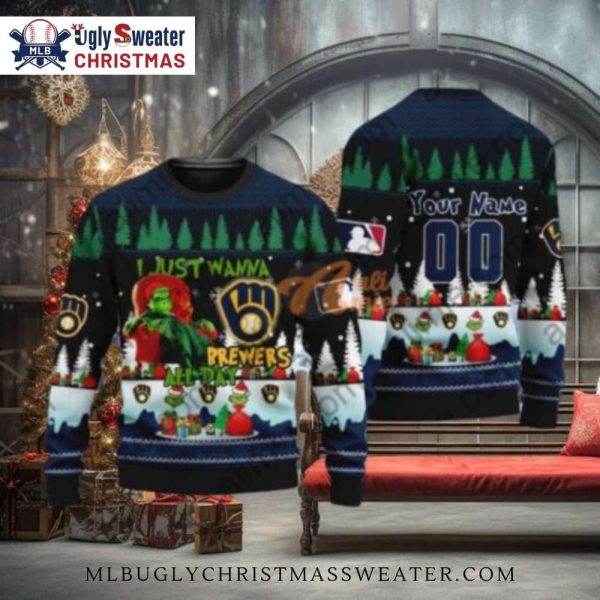 Grinch Milwaukee Brewers Ugly Christmas Sweater Personalized Edition