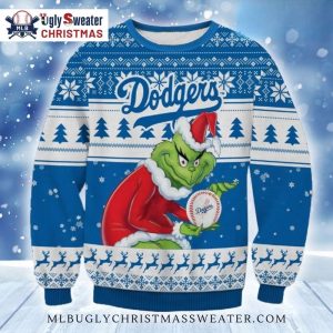 Grinch Santa Holding Dodgers Baseball Ugly Sweater