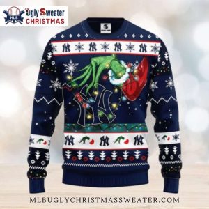 Grinch Stealing Yankees Lights Ugly Christmas Sweater