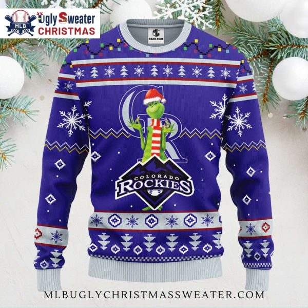 Grinch With Scarf Colorado Rockies Ugly Sweater Snowflake Design