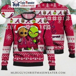 Groot And Grinch Duo Atlanta Braves Ugly Christmas Sweater