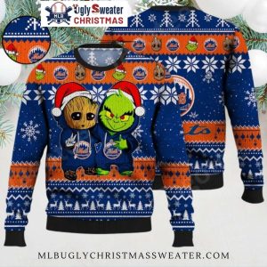 Groot And Grinch Team Up MLB Mets Ugly Christmas Sweater