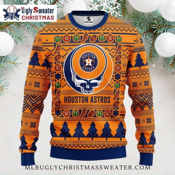 Houston Astros Festive Skull Pattern Ugly Christmas Sweater