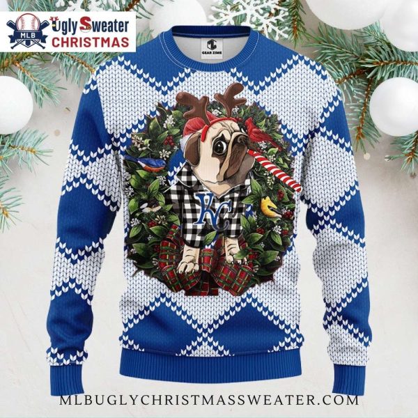 Kansas City Royals Pug Wreath Ugly Christmas Sweater For Dog Lovers