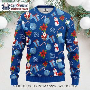 Kansas City Royals Santa, Snowman And Poinsettia Ugly Sweater