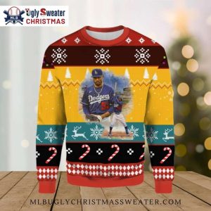 LA Dodgers #5 Player Yellow And Red Ugly Christmas Sweater