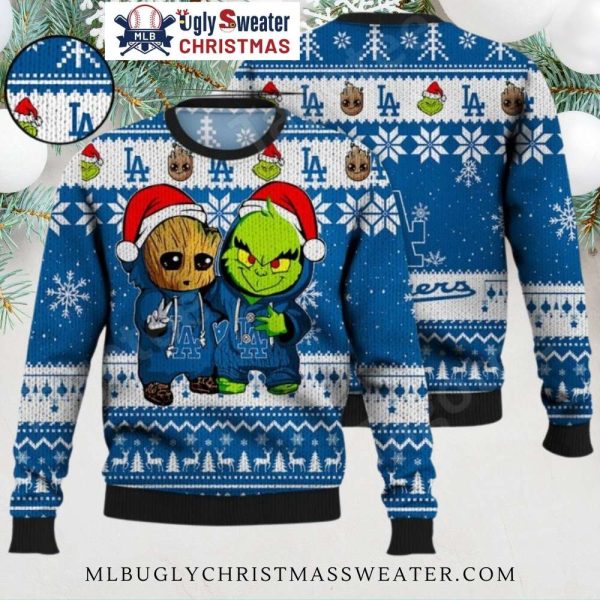 LA Dodgers Baby Groot And Grinch Ugly Christmas Sweater