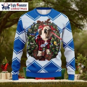 LA Dodgers Bulldog Reindeer Candy Cane Ugly Christmas Sweater