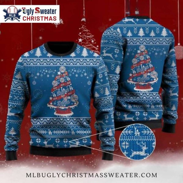 LA Dodgers Christmas Ugly Sweater With Baseball Tree Design