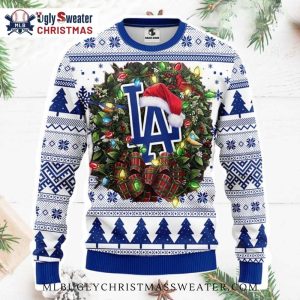 LA Dodgers Logo With Santa Hat Wreath Christmas Sweater