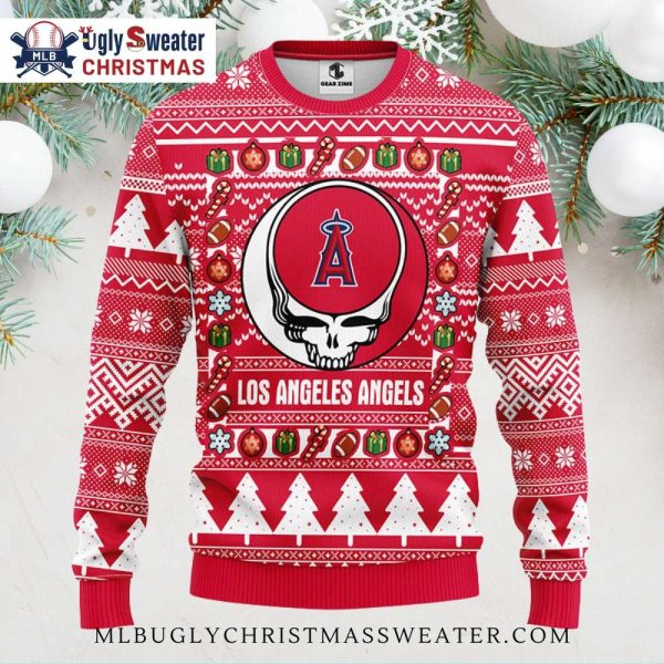 Los Angeles Angels Christmas Sweater With Festive Skull And Ornaments