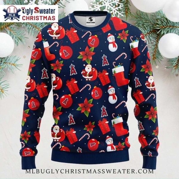 Los Angeles Angels Christmas Sweater With Santa, Snowman And Gifts