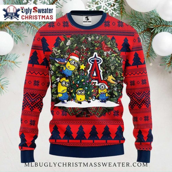 Los Angeles Angels Ugly Christmas Sweater With Minions Christmas Tree