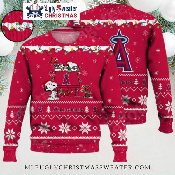 Los Angeles Angels Ugly Christmas Sweater With Snoopy Holiday Lights Theme