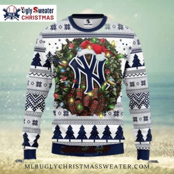 MLB Yankees Logo Wreath Lights Ugly Christmas Sweater