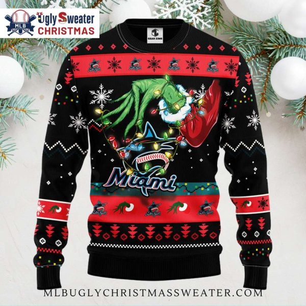 Miami Marlins Grinch Ugly Christmas Sweater With Festive Lights