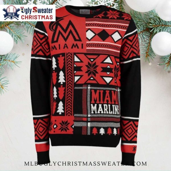 Miami Marlins Red And Black Patchwork Ugly Christmas Sweater