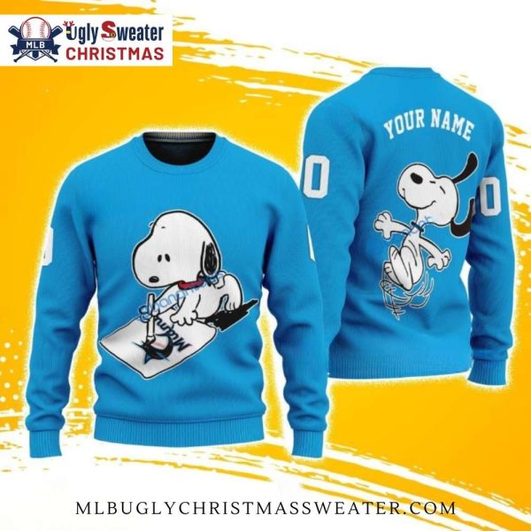 Miami Marlins Snoopy Blue Personalized Ugly Christmas Sweater