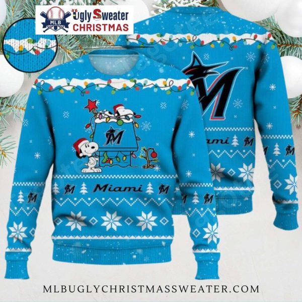 Miami Marlins Snoopy Christmas Lights Ugly Sweater