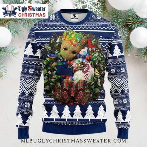 Minnesota Twins Baby Groot Christmas Lights Ugly Sweater