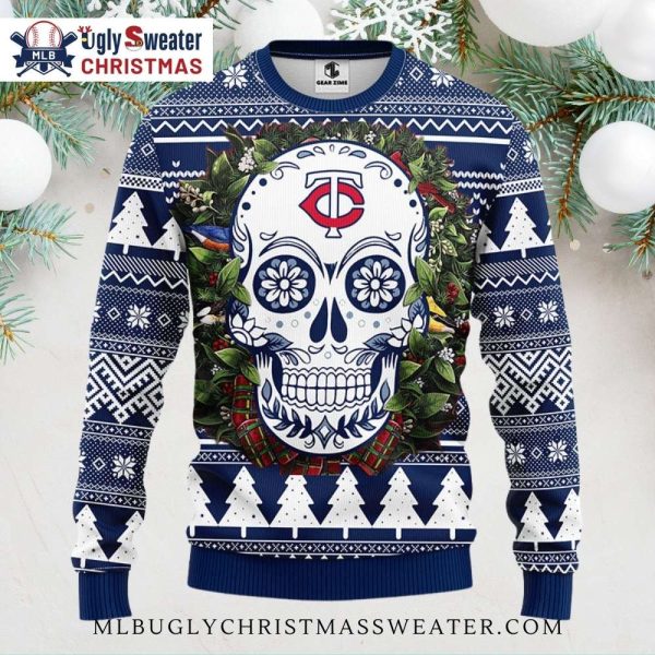 Minnesota Twins Sugar Skull Wreath Ugly Christmas Sweater