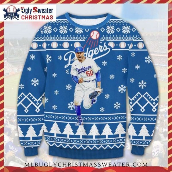 Mookie Betts Running Dodgers Snowflake Christmas Sweater