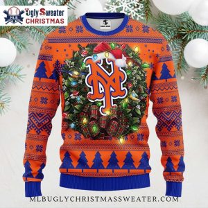 New York Mets Wreath Lights Christmas Sweater – Mets Christmas Sweater