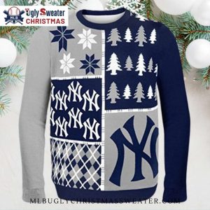 Patchwork Yankees Trees And Logo Ugly Christmas Sweater