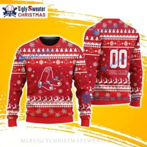 Personalized Red Boston Red Sox Ugly Sweater With Reindeer And Sox Logo