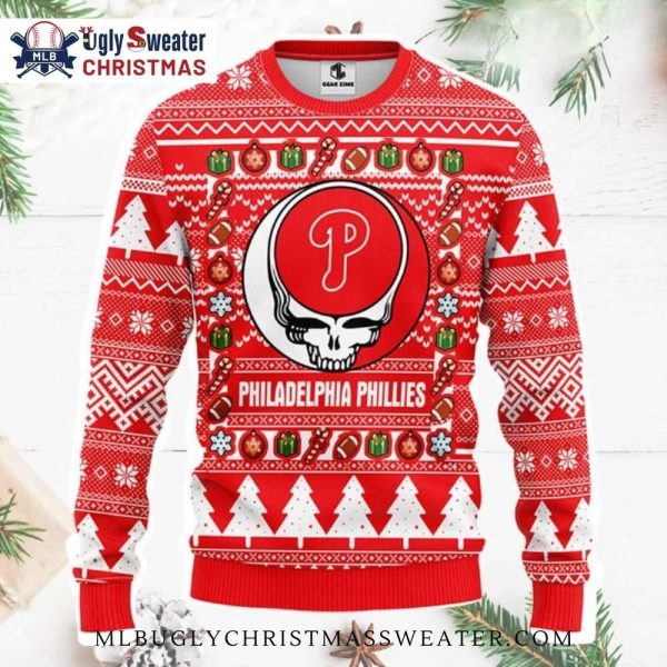 Philadelphia Phillies Skull Head Red Ugly Christmas Sweater