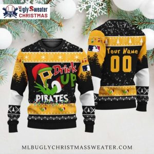 Pirates Grinch Drink Up Custom Name Ugly Christmas Sweater