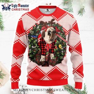 Pug In Reindeer Costume Phillies Christmas Sweater Red