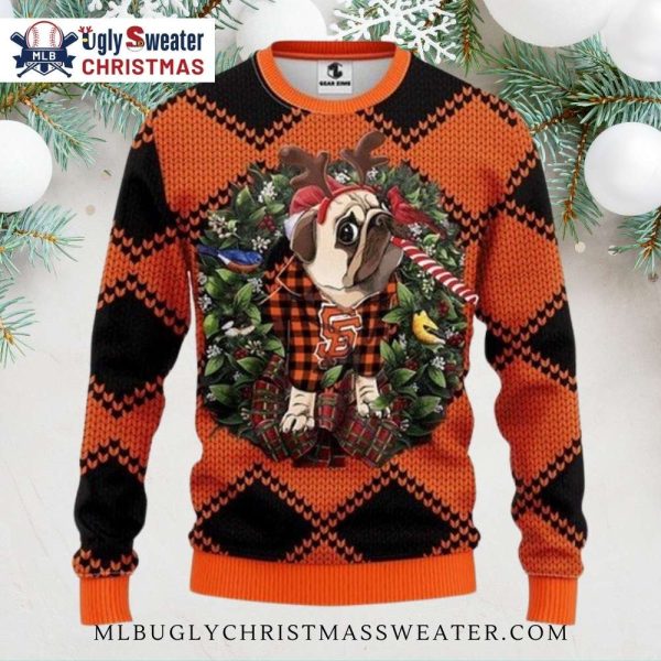 SF Giants Bulldog Ugly Christmas Sweater With Plaid Wreath