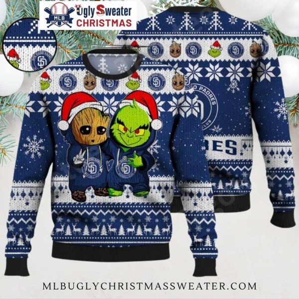 San Diego Padres Ugly Sweater Baby Groot And Grinch Design