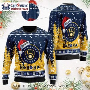 Santa Hat Milwaukee Brewers Christmas Sweater With Festive Trees