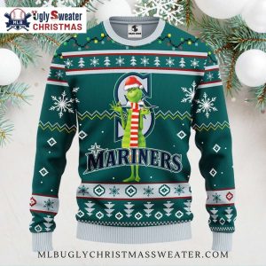 Seattle Mariners Grinch Santa Hat Festive Ugly Christmas Sweater