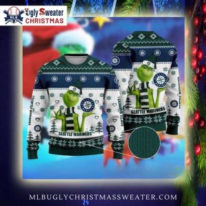 Seattle Mariners Grinch Santa Hat White And Green Ugly Sweater