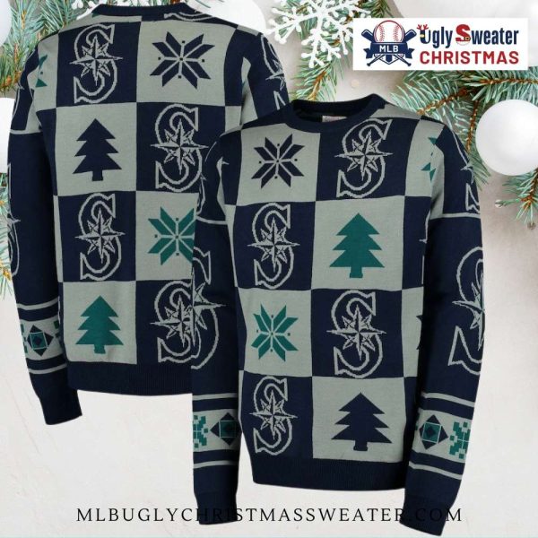 Seattle Mariners Patchwork Trees And Snowflakes Ugly Christmas Sweater