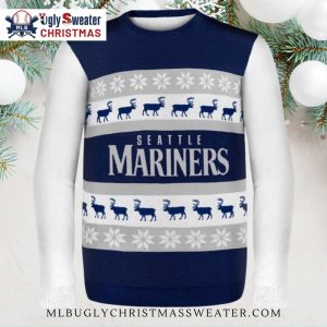 Seattle Mariners Reindeer And Snowflakes Navy Ugly Christmas Sweater