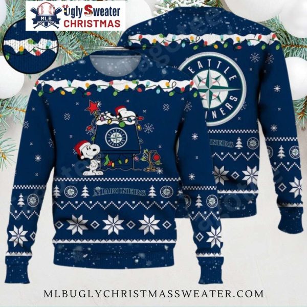 Seattle Mariners Snoopy And Woodstock Holiday Lights Ugly Sweater