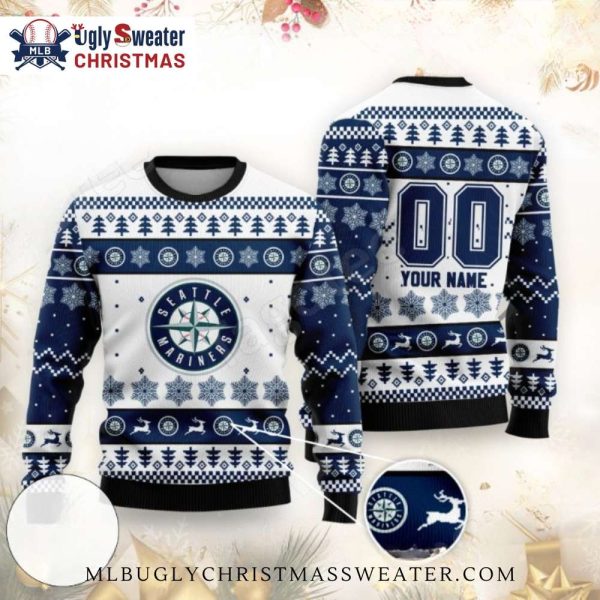 Seattle Mariners Snowflakes And Deer Festive Ugly Christmas Sweater