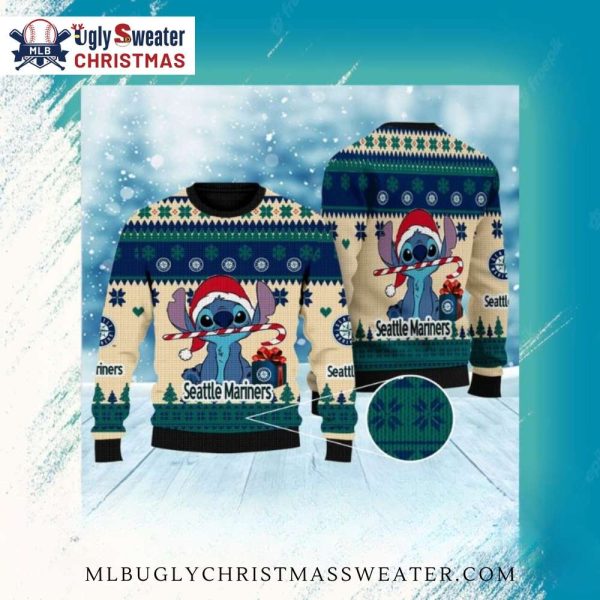 Seattle Mariners Stitch Candy Cane Holiday Ugly Christmas Sweater