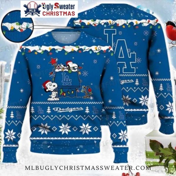 Snoopy And LA Dodgers Ugly Christmas Sweater With Holiday Lights