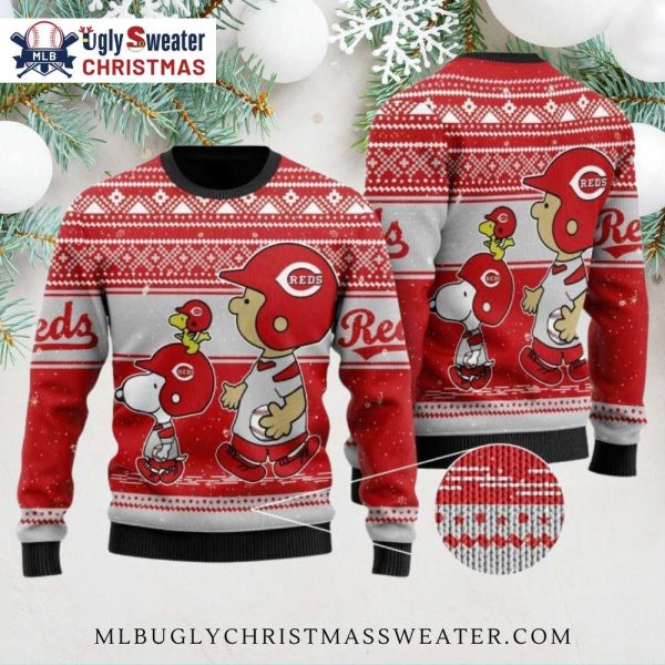 Snoopy And Woodstock Reds Baseball Ugly Christmas Sweater