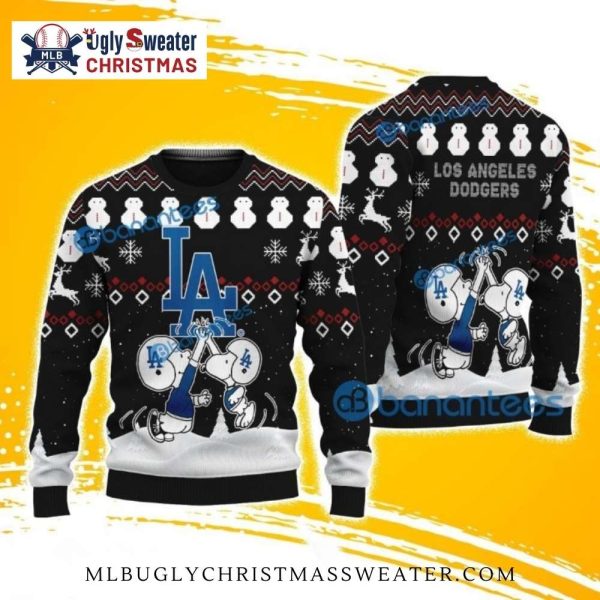 Snoopy High-Five Dodgers Black Ugly Christmas Sweater