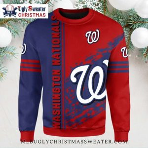 Split Color Nationals W Logo Christmas Sweater – Bold Red And Blue