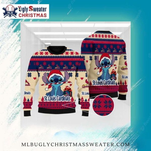 St. Louis Cardinals Stitch With Candy Cane Ugly Christmas Sweater