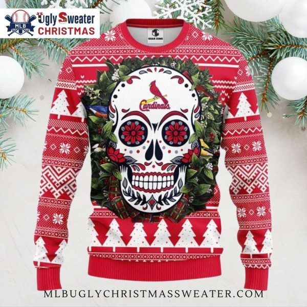 St. Louis Cardinals Sugar Skull Christmas Wreath Ugly Sweater